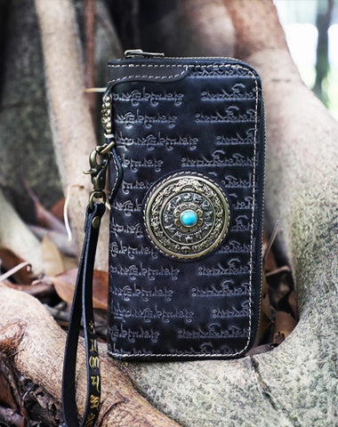 Handmade Black Leather Tibetan Scriptures Long Wallet Tooled Zipper Clutch Wristlet Wallet for Men