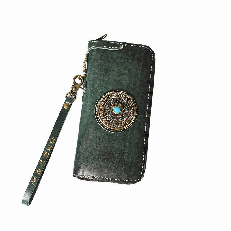 Handmade Black Leather Tibetan Totem Long Wallet Cool Zipper Clutch Wristlet Wallet for Men