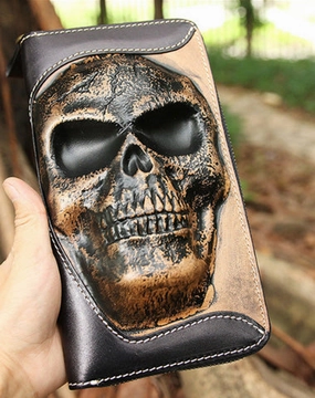 Handmade Black Leather Tooled Relief Skull Long Wallet Cool Skull Zipper Clutch Wristlet Wallet for Men