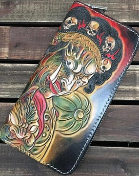 Handmade Black Mahkla Wolf Tooled Leather Long Wallet Clutch Zipper Wallet For Men