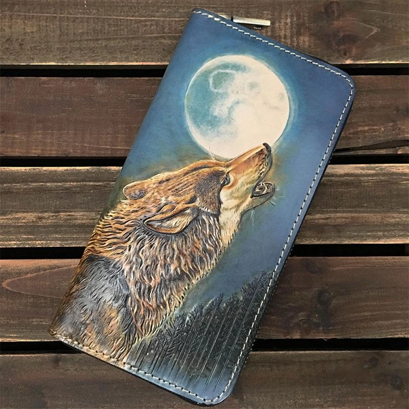 Handmade Black Mahkla Wolf Tooled Leather Long Wallet Clutch Zipper Wallet For Men