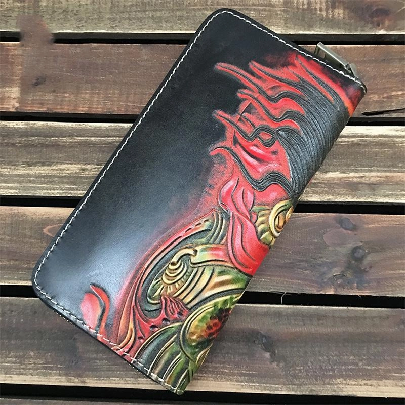 Handmade Black Mahkla Wolf Tooled Leather Long Wallet Clutch Zipper Wallet For Men