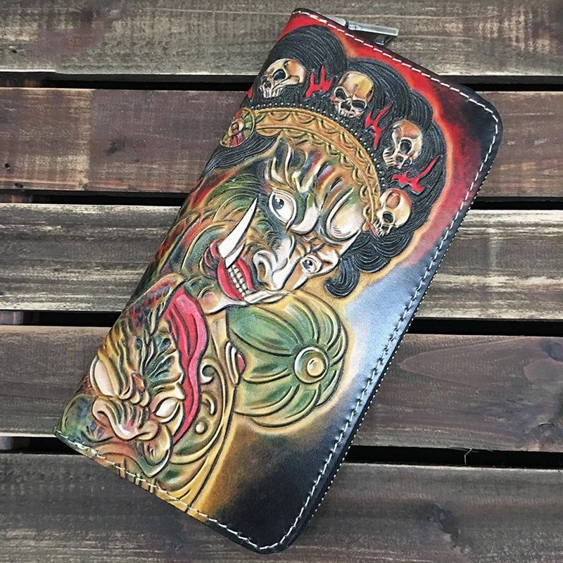 Handmade Black Mahkla Wolf Tooled Leather Long Wallet Clutch Zipper Wallet For Men