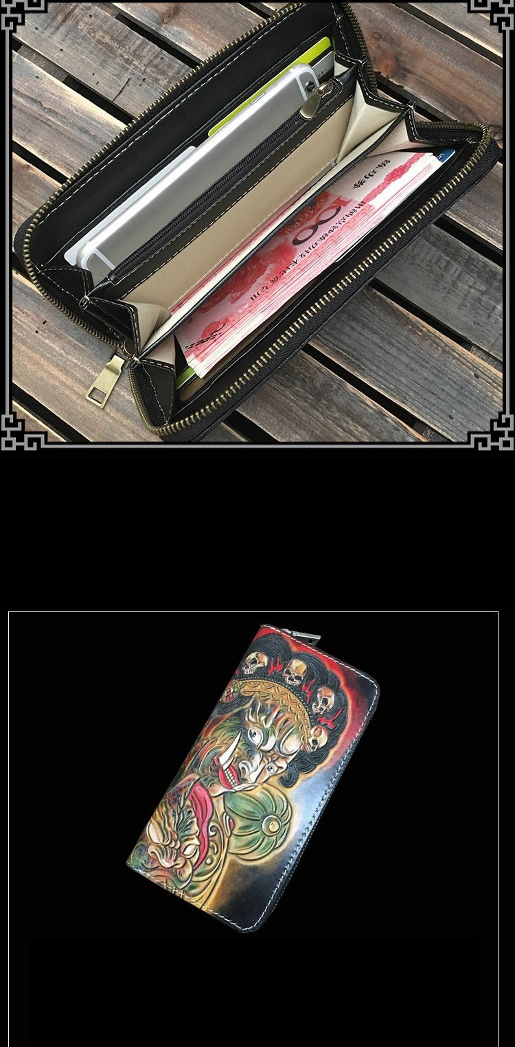 Handmade Black Mahkla Wolf Tooled Leather Long Wallet Clutch Zipper Wallet For Men