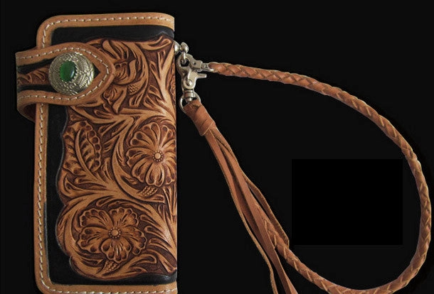 Handmade black tan leather floral carved biker wallet Long wallet clutch for men