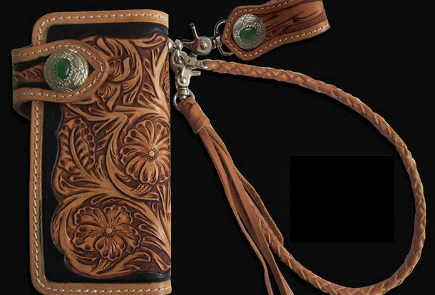 Handmade black tan leather floral carved biker wallet Long wallet clutch for men
