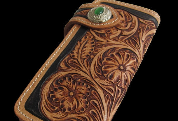 Handmade black tan leather floral carved biker wallet Long wallet clutch for men
