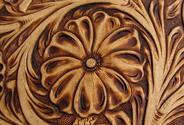 Handmade black tan leather floral carved biker wallet Long wallet clutch for men