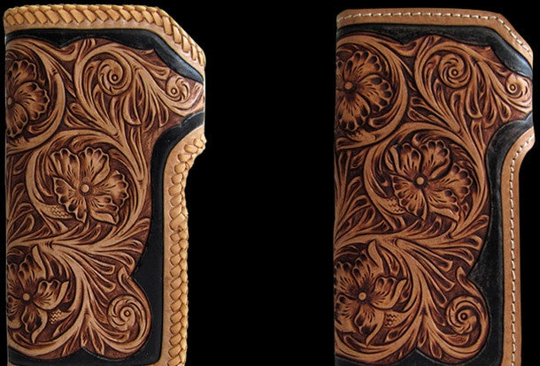 Handmade black tan leather floral carved biker wallet Long wallet clutch for men