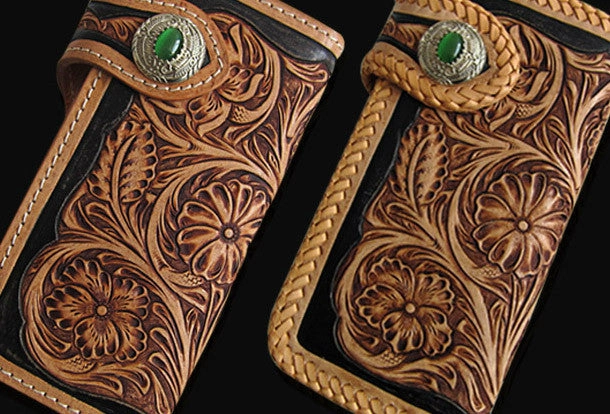 Handmade black tan leather floral carved biker wallet Long wallet clutch for men