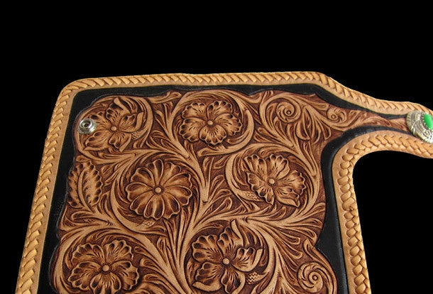 Handmade black tan leather floral carved biker wallet Long wallet clutch for men