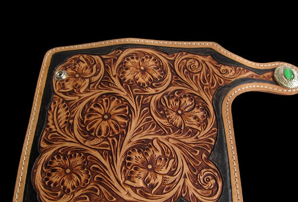 Handmade black tan leather floral carved biker wallet Long wallet clutch for men