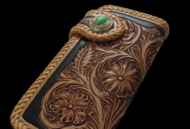Handmade black tan leather floral carved biker wallet Long wallet clutch for men