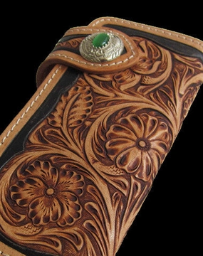 Handmade black tan leather floral carved biker wallet Long wallet clutch for men
