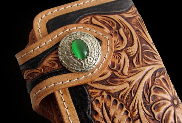 Handmade black tan leather floral carved biker wallet Long wallet clutch for men