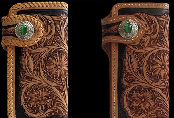 Handmade black tan leather floral carved biker wallet Long wallet clutch for men