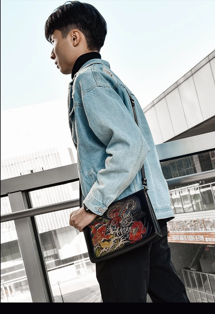 Handmade Black Tooled Dragon Carp Leather Messenger Bag Side Bag Clutch Wristlet Bag For Men