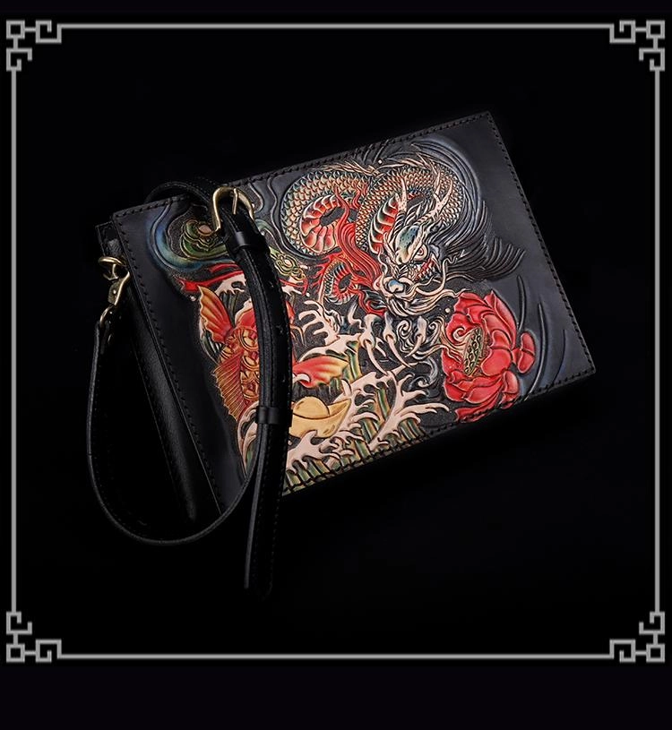 Handmade Black Tooled Dragon Carp Leather Messenger Bag Side Bag Clutch Wristlet Bag For Men