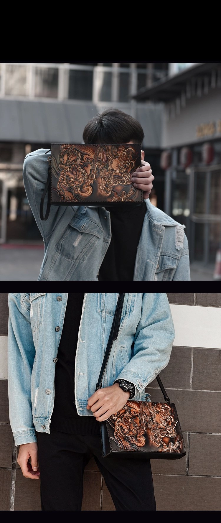 Handmade Black Tooled Lion Dragon Leather Messenger Bags Side Bag Clutch Wristlet Bag For Men