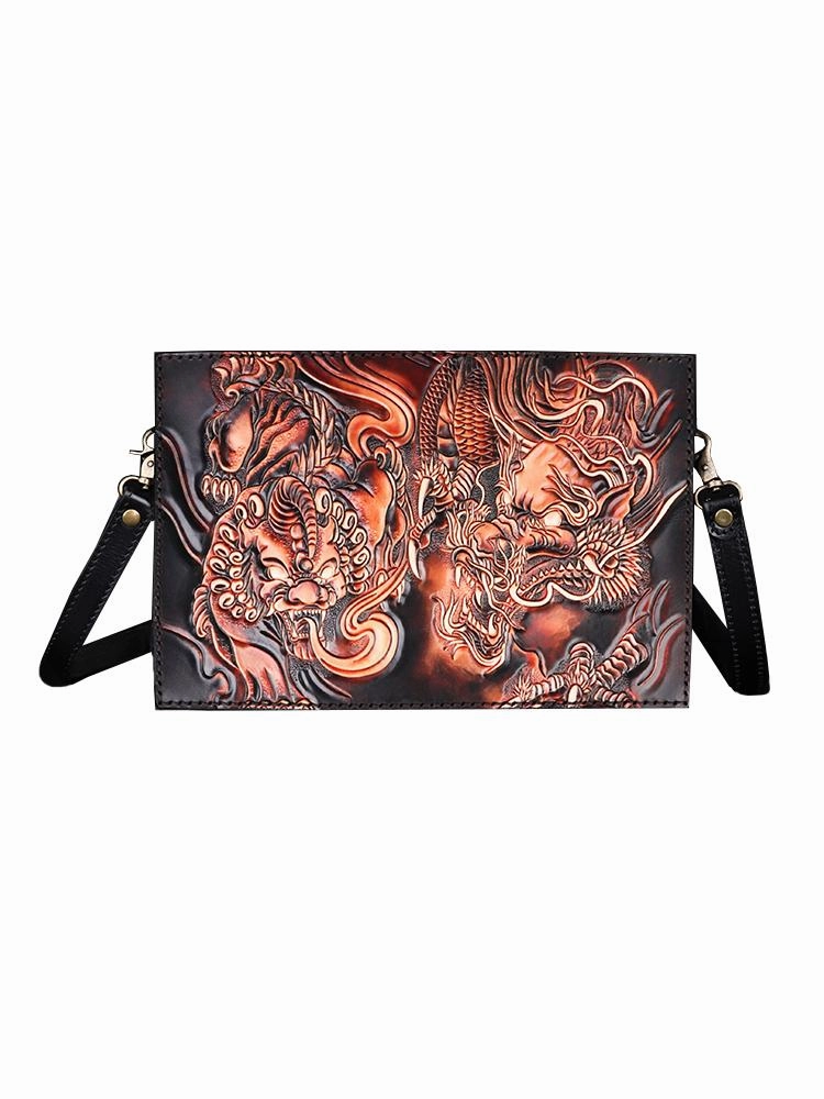 Handmade Black Tooled Lion Dragon Leather Messenger Bags Side Bag Clutch Wristlet Bag For Men