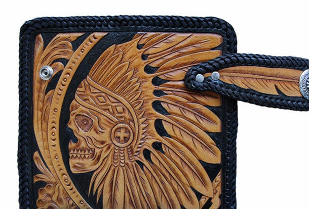 Handmade black yellow leather indian skull carved biker wallet Long wallet clutch for men