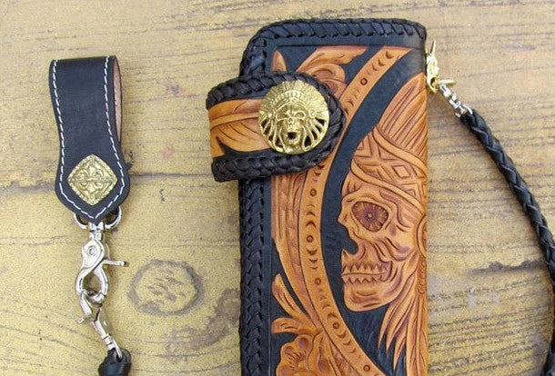 Handmade black yellow leather indian skull carved biker wallet Long wallet clutch for men