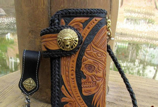 Handmade black yellow leather indian skull carved biker wallet Long wallet clutch for men