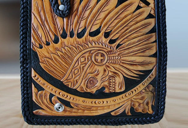 Handmade black yellow leather indian skull carved biker wallet Long wallet clutch for men