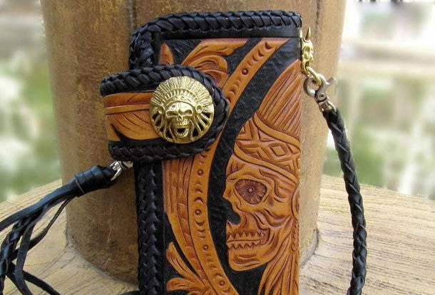 Handmade black yellow leather indian skull carved biker wallet Long wallet clutch for men