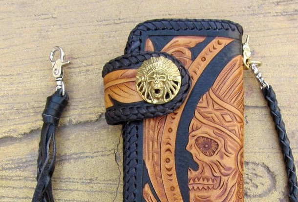 Handmade black yellow leather indian skull carved biker wallet Long wallet clutch for men