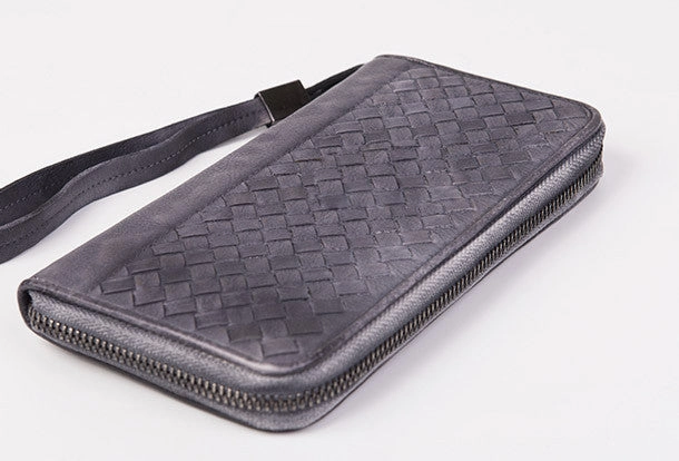 Handmade braided long wallet leather men phone zip clutch vintage wallet for men