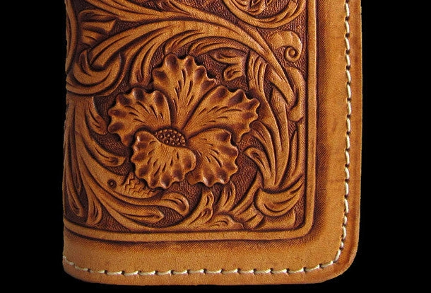 Handmade brown beige leather floral carved biker wallet Long wallet clutch for men