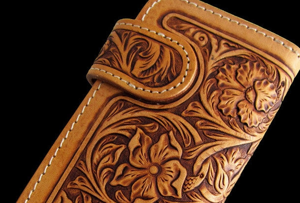 Handmade brown beige leather floral carved biker wallet Long wallet clutch for men