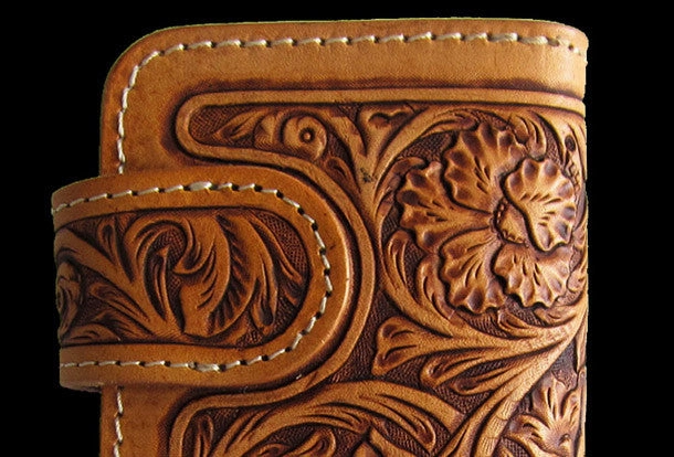 Handmade brown beige leather floral carved biker wallet Long wallet clutch for men