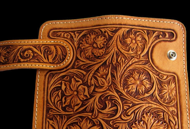 Handmade brown beige leather floral carved biker wallet Long wallet clutch for men
