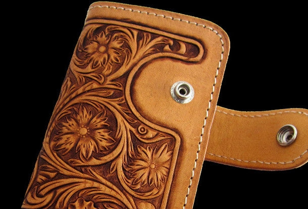 Handmade brown beige leather floral carved biker wallet Long wallet clutch for men