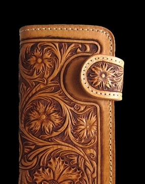 Handmade brown beige leather floral carved biker wallet Long wallet clutch for men