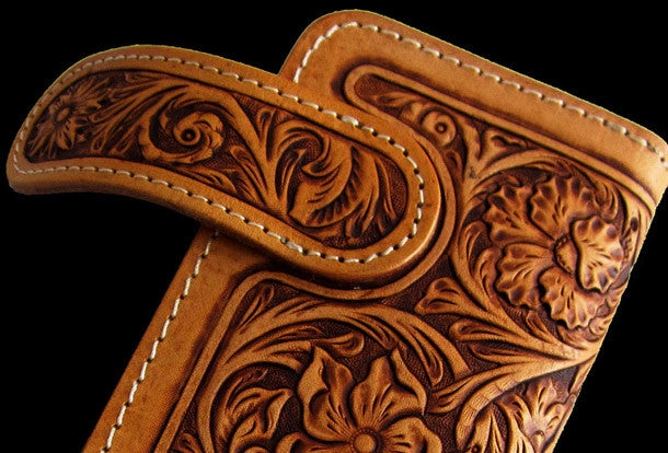 Handmade brown beige leather floral carved biker wallet Long wallet clutch for men