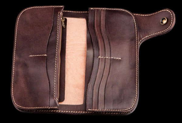 Handmade brown coffee leather indian carved biker wallet Long wallet clutch for men