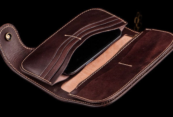Handmade brown coffee leather indian carved biker wallet Long wallet clutch for men