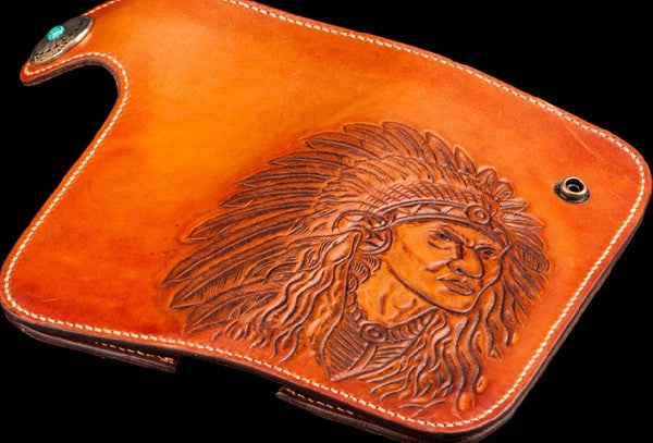 Handmade brown coffee leather indian carved biker wallet Long wallet clutch for men