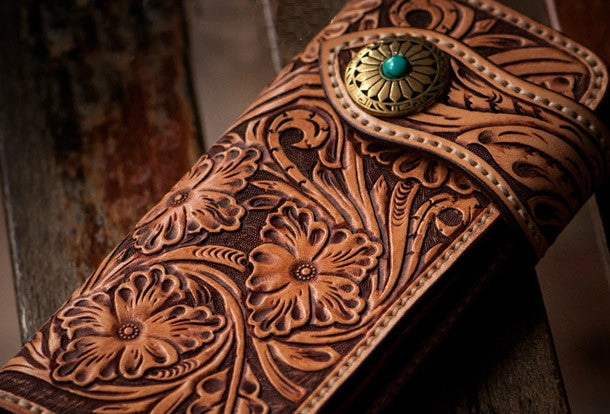 Handmade brown leather floral carved men biker wallet Long wallet clutch for men