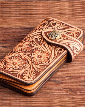 Handmade brown leather floral carved men biker wallet Long wallet clutch for men