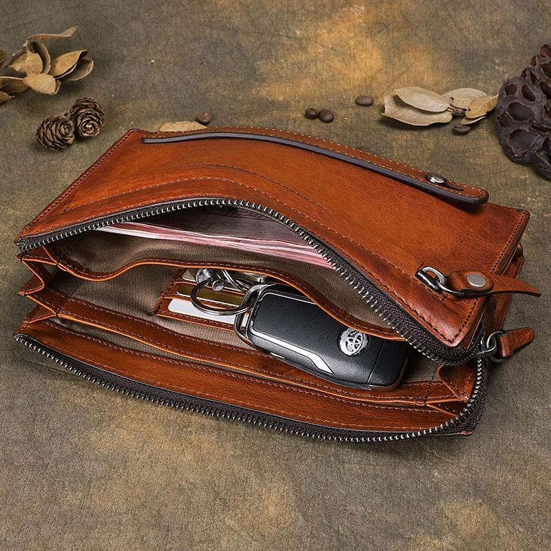 Handmade Brown Leather Mens Long Wallet Wristlet Wallet Brown Zipper Clutch Wallet for Men