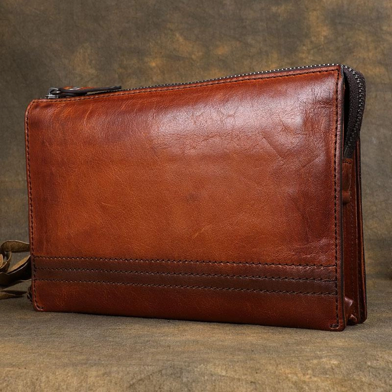 Handmade Brown Leather Mens Long Wallet Wristlet Wallet Brown Zipper Clutch Wallet for Men