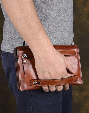 Handmade Brown Leather Mens Long Wallet Wristlet Wallet Brown Zipper Clutch Wallet for Men
