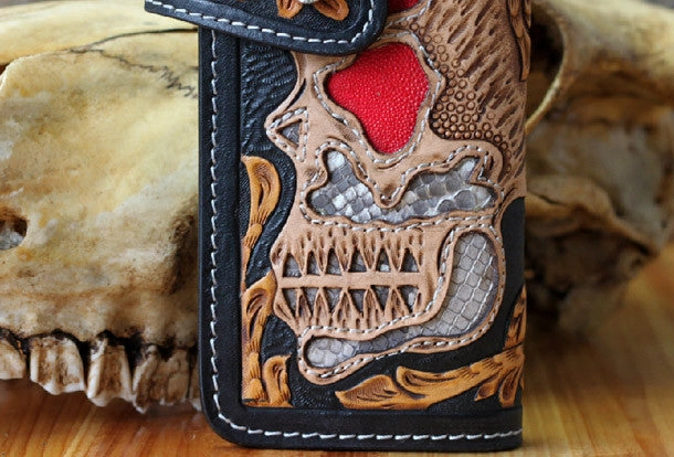 Handmade chain wallet biker wallet leather punk skull carved biker wallet chian Long wallet clutch for men