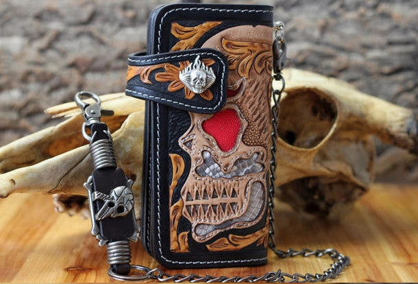 Handmade chain wallet biker wallet leather punk skull carved biker wallet chian Long wallet clutch for men