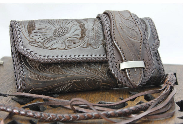 Handmade coffee leather floral grass punk carved biker wallet Long wallet clutch for men