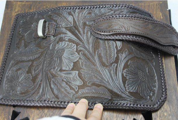 Handmade coffee leather floral grass punk carved biker wallet Long wallet clutch for men